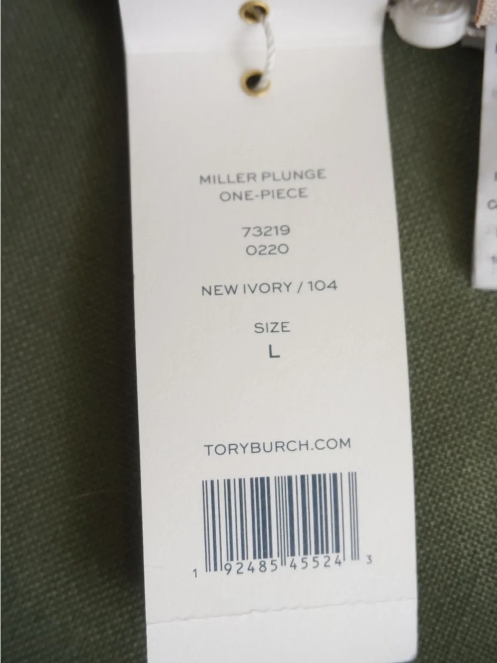 Tory Burch One Piece “Miller” Plunge White Logo Belted Swimsuit NWT - Size Large